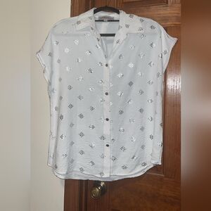 Women's White Button-Up Top with Silver Accents